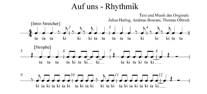 "Auf uns" von Andreas Bourani - Rhythmik der Takte 1-12, transkribiert von Dr. Bernd Michael Sommer